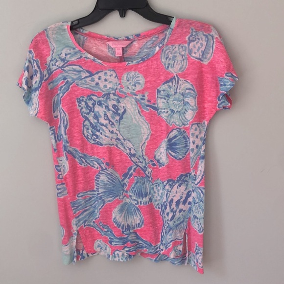 Lilly Pulitzer Mikela Top XXS Linen Pink Pout Barefoot Princess Blue Shells - Picture 3 of 5